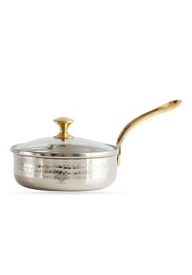 INDIAN ART VILLA Stainless Steel Hammered Serving Fry Pan with Brass Handle and Glass Lid | 4.3 Inch