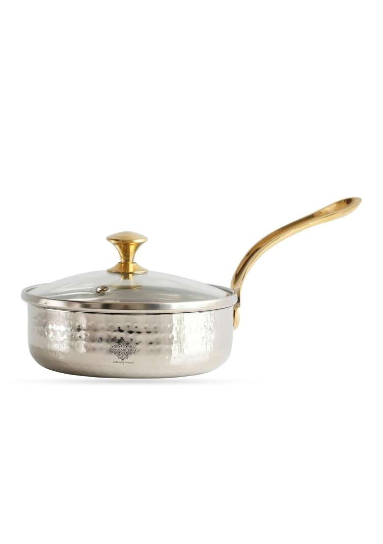 INDIAN ART VILLA Stainless Steel Hammered Serving Fry Pan with Brass Handle and Glass Lid | 4.3 Inch - Indya