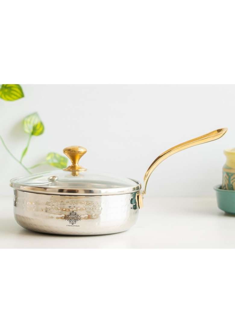 INDIAN ART VILLA Stainless Steel Hammered Serving Fry Pan with Brass Handle and Glass Lid | 4.3 Inch - Indya