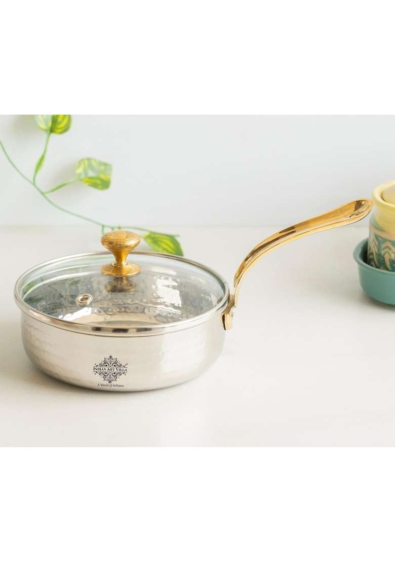 INDIAN ART VILLA Stainless Steel Hammered Serving Fry Pan with Brass Handle and Glass Lid | 4.3 Inch - Indya