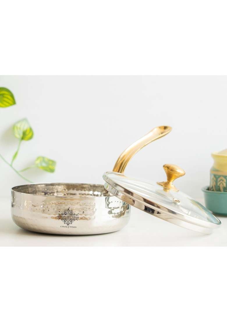 INDIAN ART VILLA Stainless Steel Hammered Serving Fry Pan with Brass Handle and Glass Lid | 4.3 Inch - Indya