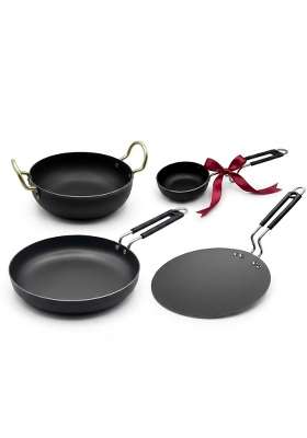 DOZY Iron Cookware Set Kadai Wok | 4-Piece Set | Non-Toxic | Non-Stick