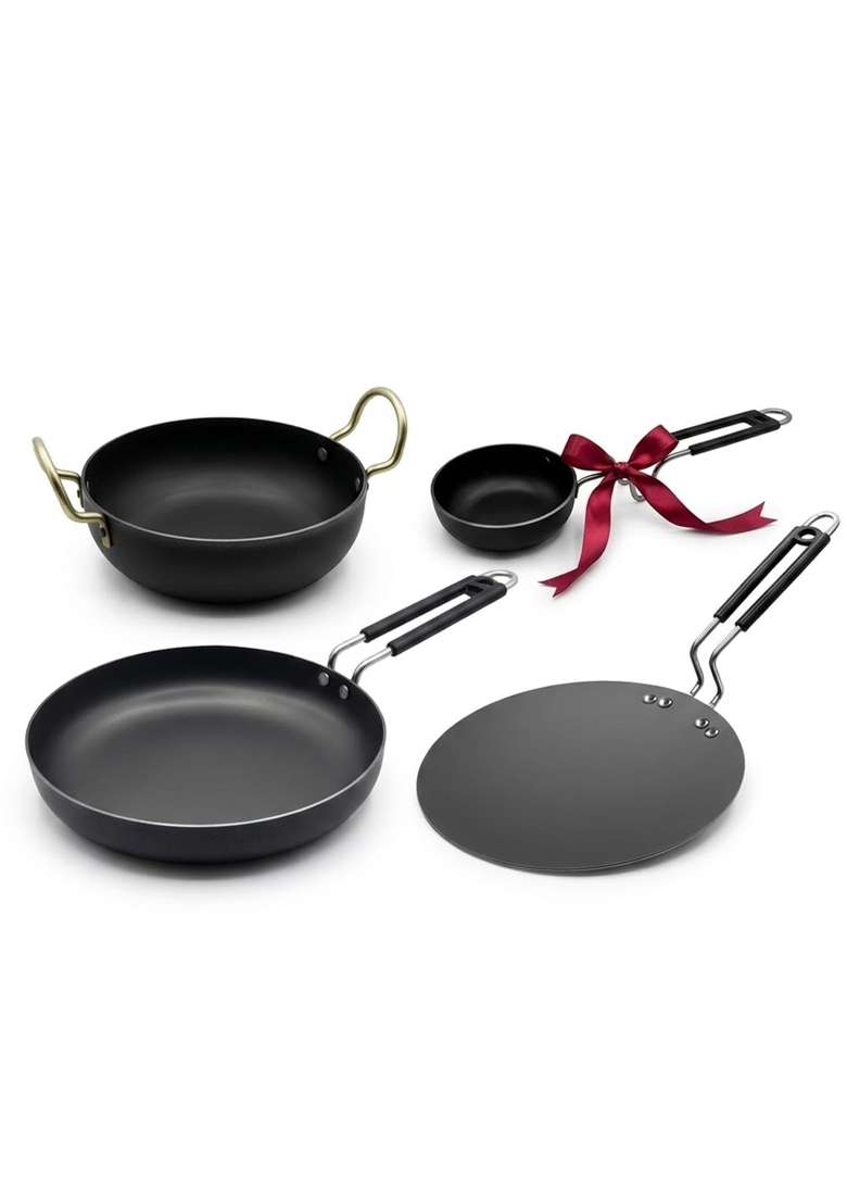 DOZY Iron Cookware Set Kadai Wok | 4-Piece Set | Non-Toxic | Non-Stick - Indya