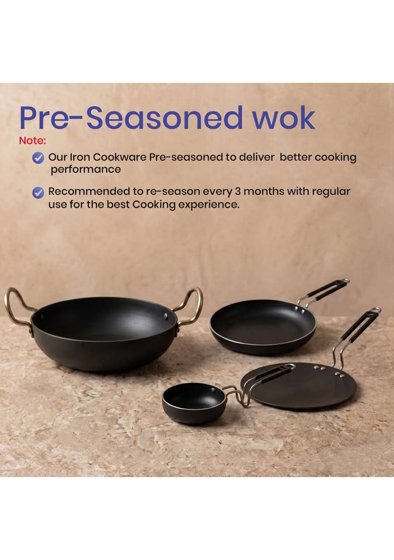 DOZY Iron Cookware Set Kadai Wok | 4-Piece Set | Non-Toxic | Non-Stick - Indya