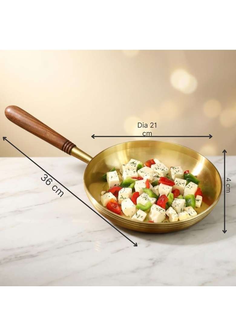 THE HEALING STORE Brass Frying Pan with Heat-Resistant Handle | Tin Lined Kalai | Non-Stick - Indya