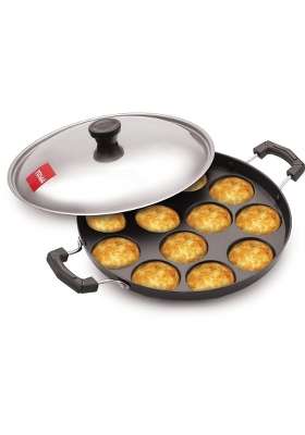 Tosaa Aluminium 12 Cavity Appam Patra Paniyarakkal Two Side Handle with Steel Lid | 23 cm | 9.1 Inch