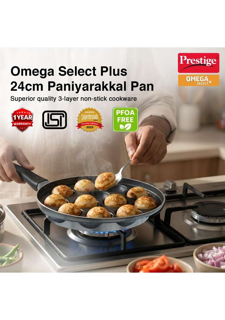 Prestige Non-Stick 12 Pits Paniyarakkal with Glass Lid | 24 cm | 9.4 Inch | PFOA Free - Indya