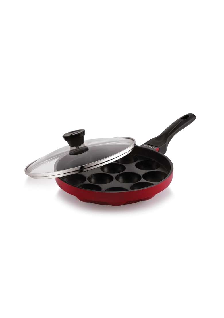 Tosaa Non-Stick 12 Cavity Appam Patra Pan with Glass Lid | 20 cm | 7.9 Inch - Indya
