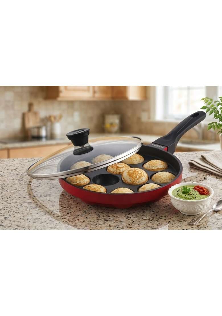 Tosaa Non-Stick 12 Cavity Appam Patra Pan with Glass Lid | 20 cm | 7.9 Inch - Indya