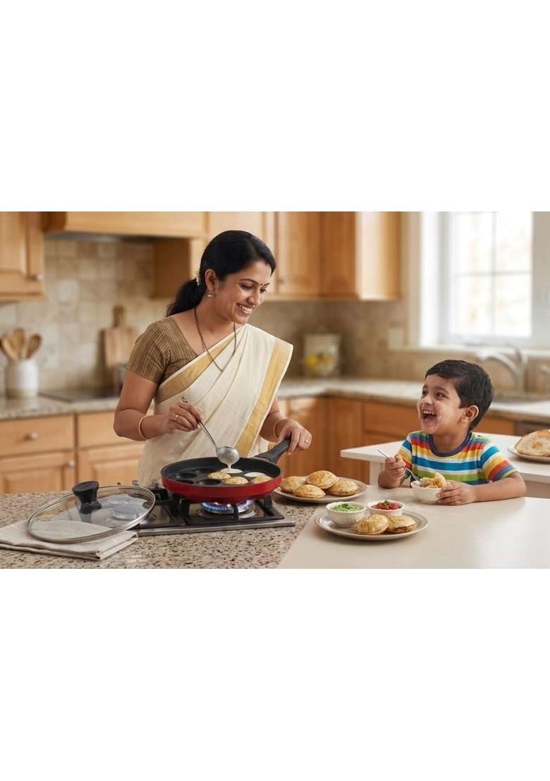 Tosaa Non-Stick 12 Cavity Appam Patra Pan with Glass Lid | 20 cm | 7.9 Inch - Indya