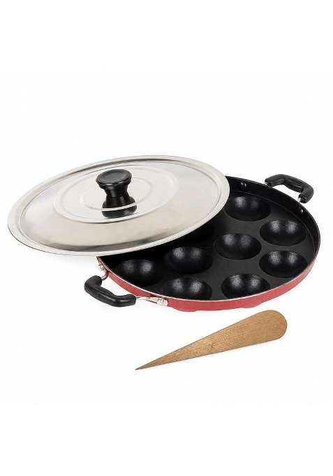 Shopsidex Appam Bada Non Stick 12 Cavities Appam Patra Appam Pan Ebelskiver-Style Pan Maker Pan Cake | 24 cm | 9.4 Inch | With Lid