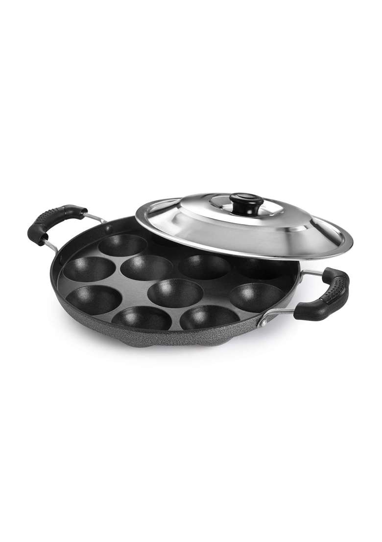 RJ kitchenware Store Appam Bada Non Stick 12 Cavities Appam Patra Appam Pan Ebelskiver-Style Pan Maker Pan Cake | 24 cm | 9.4 Inch | With Lid - Indya