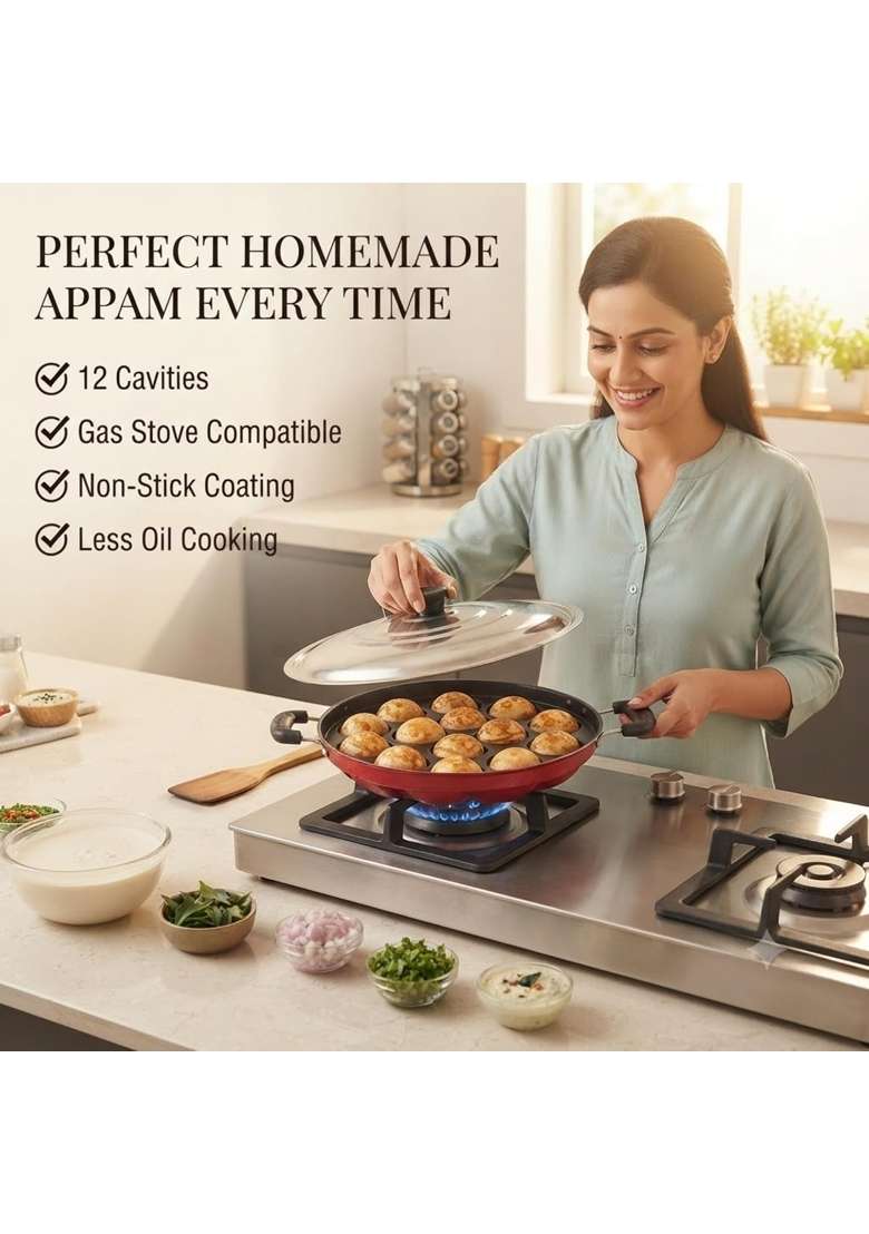 Drumstone 12 Cavity Non Stick Appam Patra with Lid - Indya