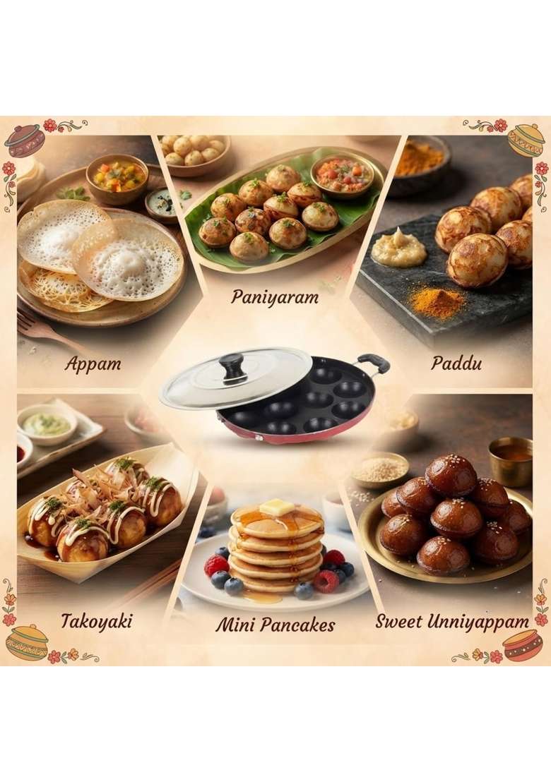 Drumstone 12 Cavity Non Stick Appam Patra with Lid - Indya