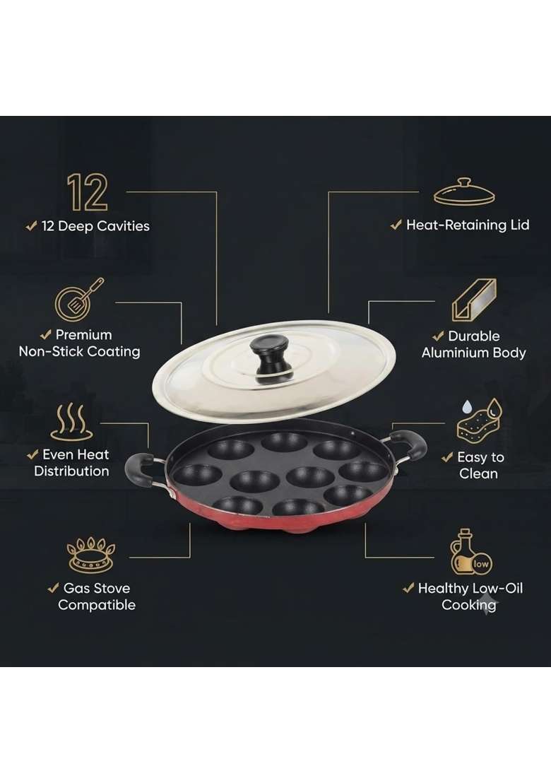 Drumstone 12 Cavity Non Stick Appam Patra with Lid - Indya