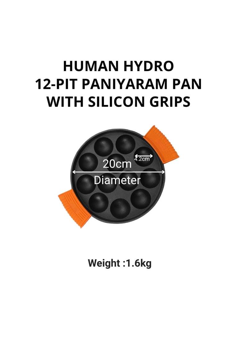Human Hydro Pre-Seasoned Cast Iron 12-Pit Paniyaram Pan Ebelskiver-Style Pan | 20 cm | 7.9 Inch | Induction Compatible | Non-Stick | With Lid - Indya