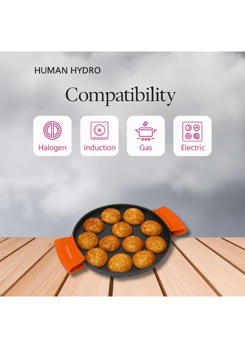 Human Hydro Pre-Seasoned Cast Iron 12-Pit Paniyaram Pan Ebelskiver-Style Pan | 20 cm | 7.9 Inch | Induction Compatible | Non-Stick | With Lid - Indya