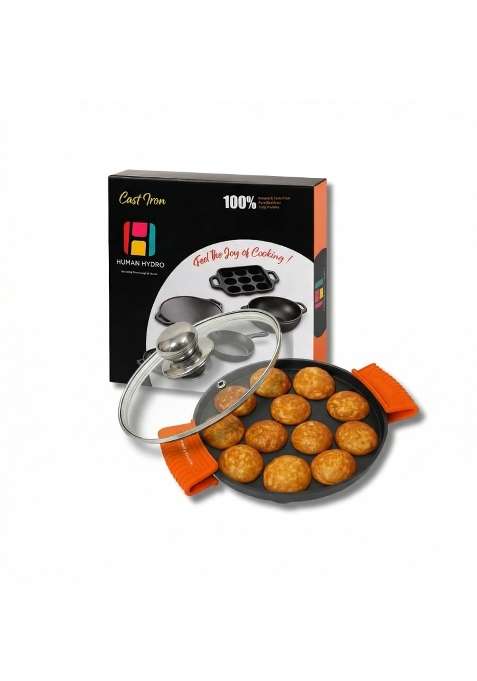 Human Hydro Pre-Seasoned Cast Iron 12-Pit Paniyaram Pan Ebelskiver-Style Pan | 20 cm | 7.9 Inch | Induction Compatible | Non-Stick | With Lid