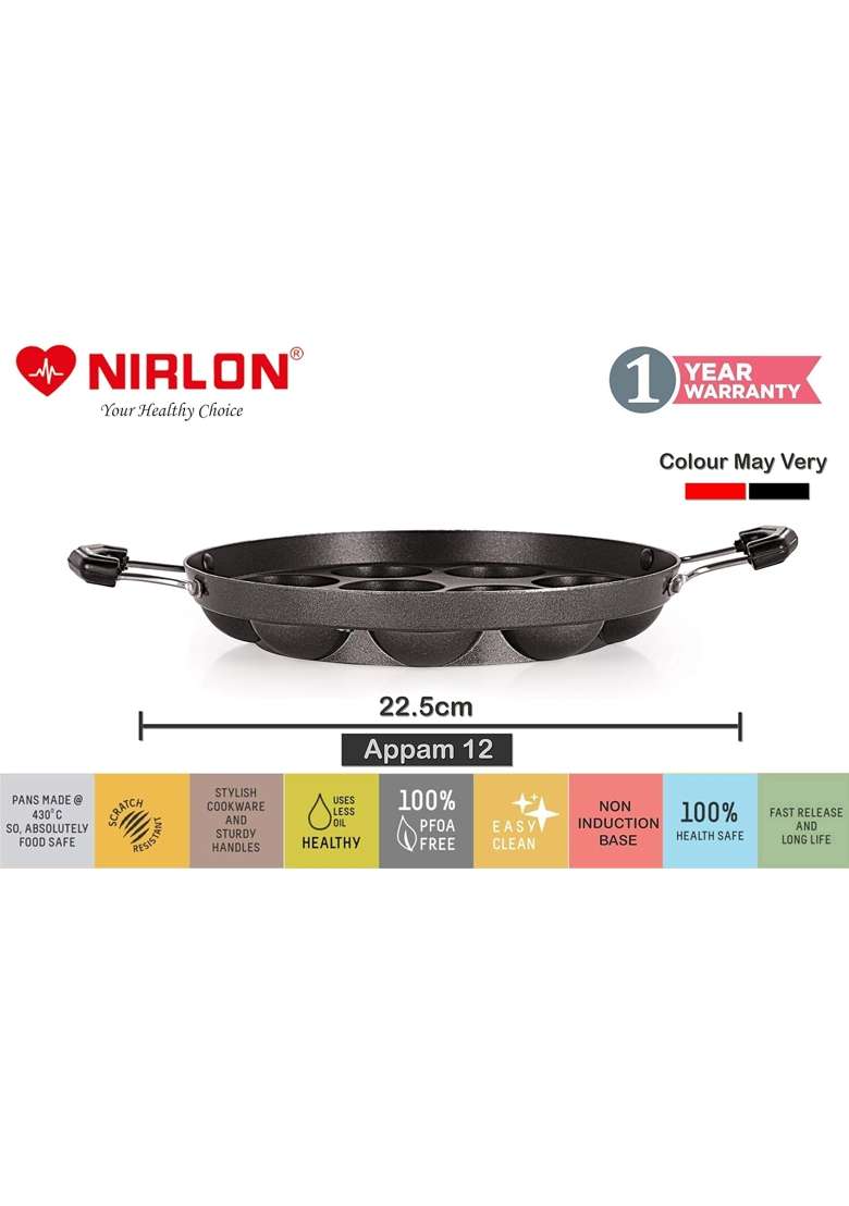 NIRLON Non-Stick Aluminium 12 Cavity Appam Pan Ebelskiver-Style Pan with 2 Side Handle - Indya