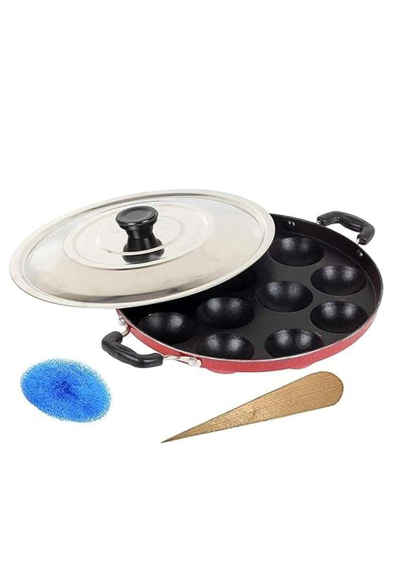 VOMI Appam Bada Non Stick 12 Cavities Appam Patra Appam Pan Ebelskiver-Style Pan Maker Pan Cake | 24 cm | 9.4 Inch | With Lid - Indya