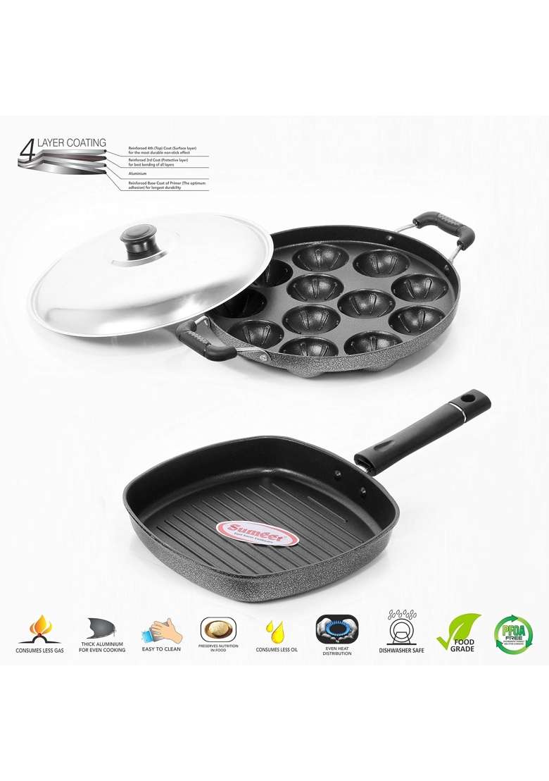 Sumeet Nonstick Stainless Steel Amez Grill Pan | 22 cm | 8.7 Inch | 12-Piece Set - Indya