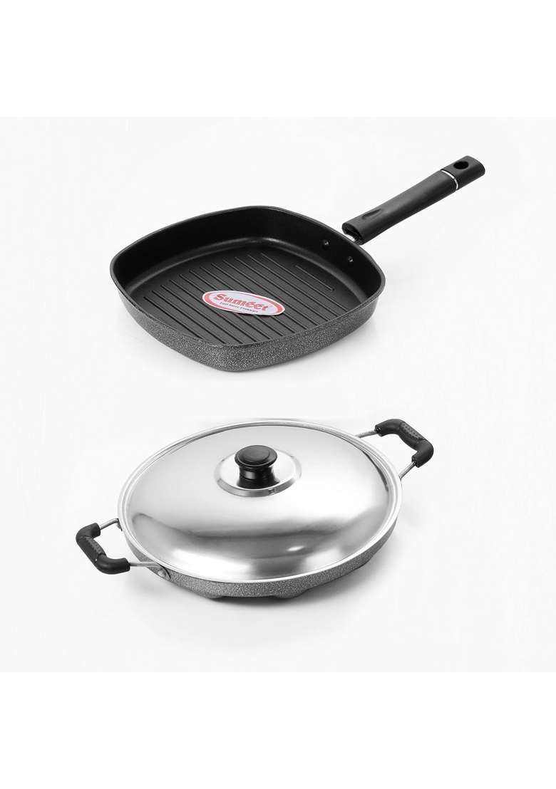 Sumeet Nonstick Stainless Steel Amez Grill Pan | 22 cm | 8.7 Inch | 12-Piece Set - Indya