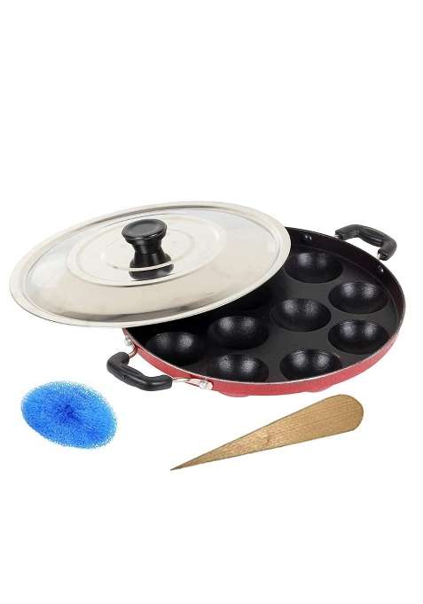 RJ kitchenware Store Appam Bada Non Stick 12 Cavities Appam Patra Appam Pan Ebelskiver-Style Pan Maker Pan Cake | 24 cm | 9.4 Inch | With Lid