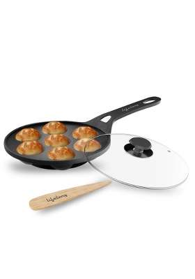 Lifelong Cast Iron Paniyaram Pan Ebelskiver-Style Pan with Glass Lid | Non-Toxic | Pre-Seasoned | Non-Stick