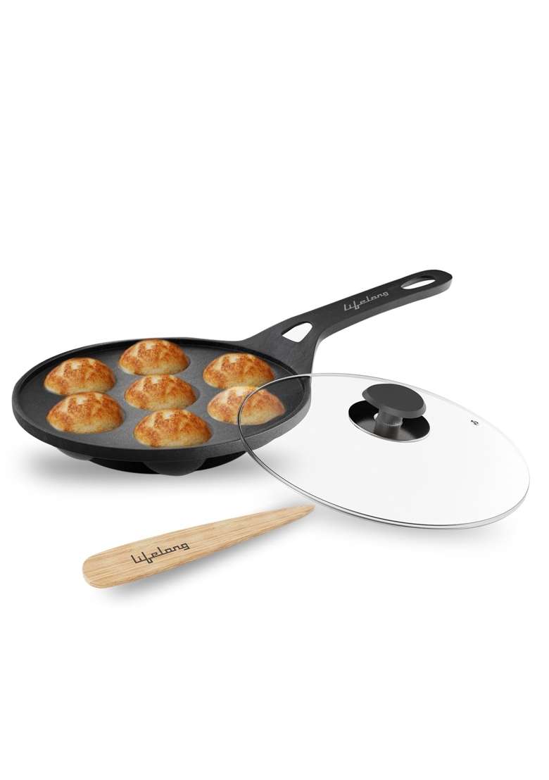 Lifelong Cast Iron Paniyaram Pan Ebelskiver-Style Pan with Glass Lid | Non-Toxic | Pre-Seasoned | Non-Stick - Indya