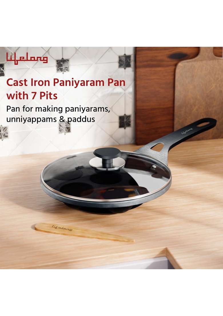 Lifelong Cast Iron Paniyaram Pan Ebelskiver-Style Pan with Glass Lid | Non-Toxic | Pre-Seasoned | Non-Stick - Indya
