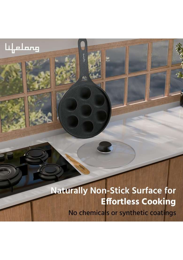 Lifelong Cast Iron Paniyaram Pan Ebelskiver-Style Pan with Glass Lid | Non-Toxic | Pre-Seasoned | Non-Stick - Indya