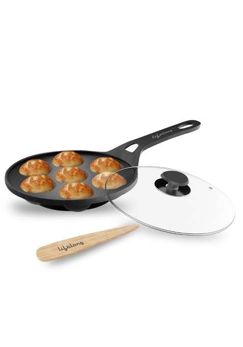 Lifelong Cast Iron Paniyaram Pan Ebelskiver-Style Pan with Glass Lid | Non-Toxic | Pre-Seasoned | Non-Stick