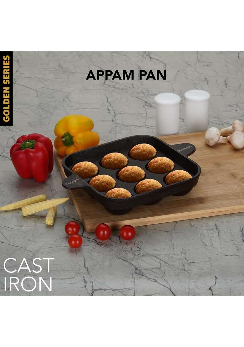 Sumeet Super Smooth Gold Series Pre Seasoned Cast Iron Appam Patra | 18.5 cm | 7.3 Inch - Indya