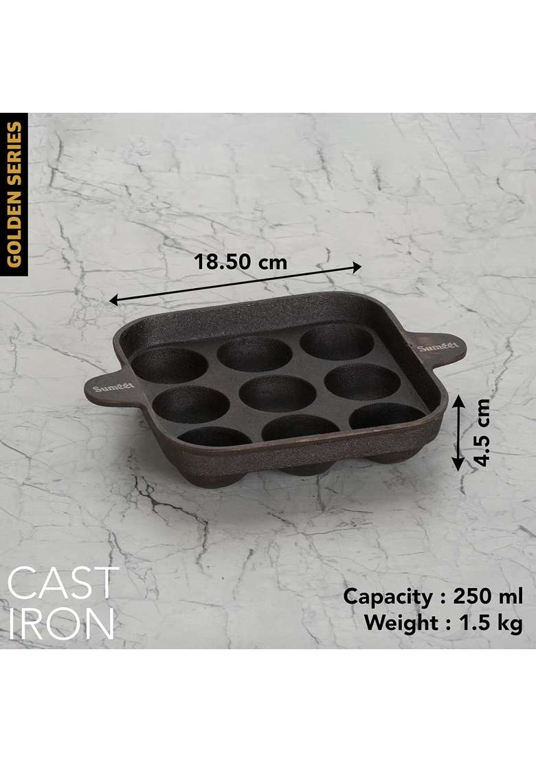 Sumeet Super Smooth Gold Series Pre Seasoned Cast Iron Appam Patra | 18.5 cm | 7.3 Inch - Indya