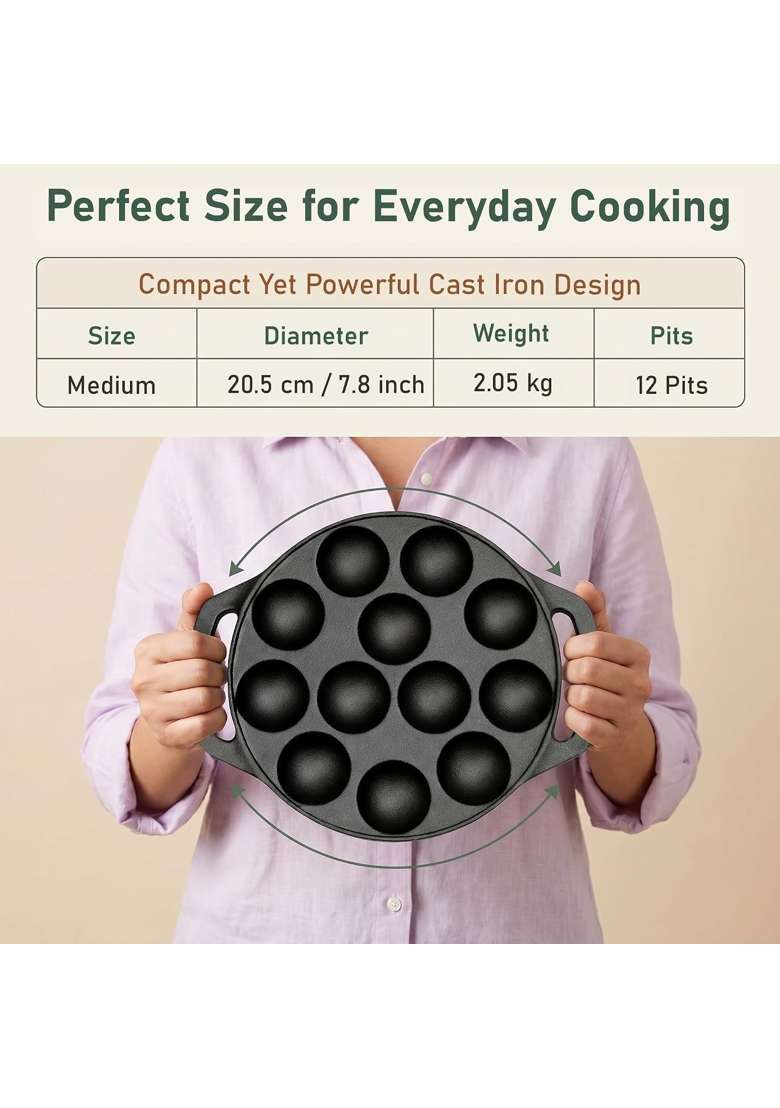 Parage IronCraft Cast Iron Appe Pan Ebelskiver-Style Pan 12 Cavity | Pre-Seasoned - Indya