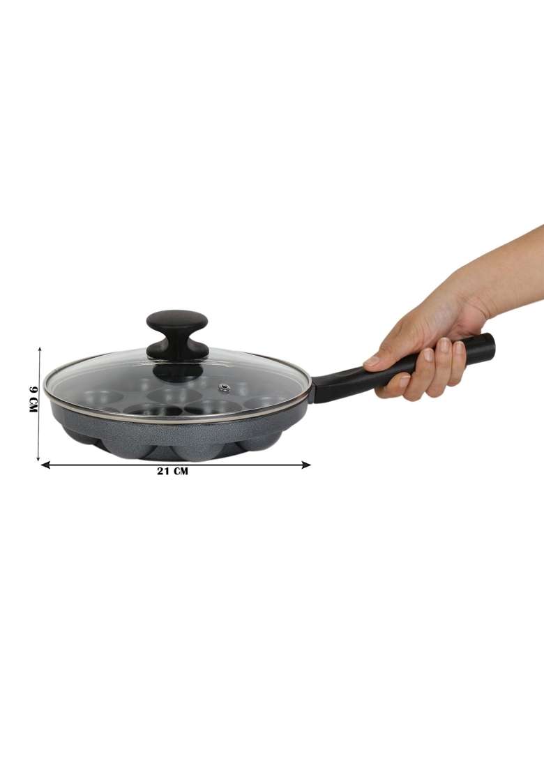 Tosaa Non-Stick Heavy Duty Aluminium 12 Cavity Appam Patra Paniyarakkal One Side | With Lid - Indya
