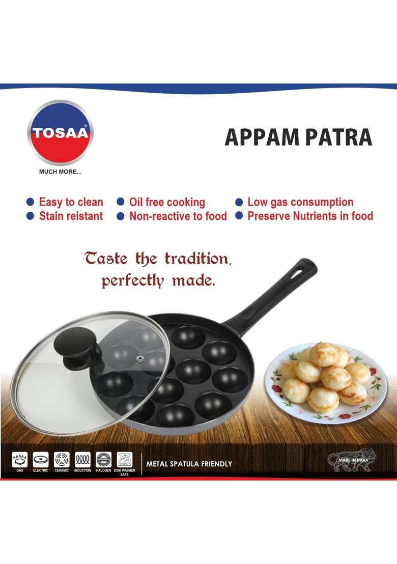 Tosaa Non-Stick Heavy Duty Aluminium 12 Cavity Appam Patra Paniyarakkal One Side | With Lid - Indya