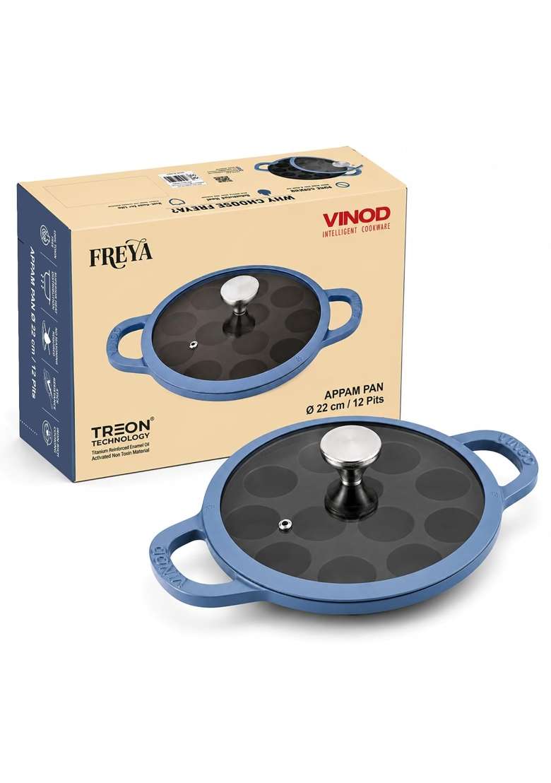 Vinod Freya Enameled Cast Iron Appe Pan Ebelskiver-Style Pan with Glass Lid | 22 cm | 8.7 Inch | Non-Toxic - Indya
