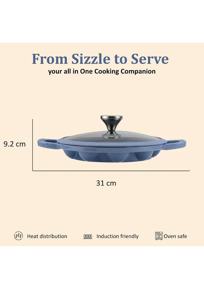 Vinod Freya Enameled Cast Iron Appe Pan Ebelskiver-Style Pan with Glass Lid | 22 cm | 8.7 Inch | Non-Toxic - Indya