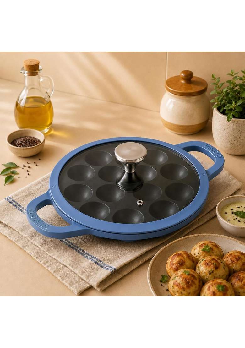 Vinod Freya Enameled Cast Iron Appe Pan Ebelskiver-Style Pan with Glass Lid | 22 cm | 8.7 Inch | Non-Toxic - Indya