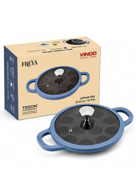Vinod Freya Enameled Cast Iron Appe Pan Ebelskiver-Style Pan with Glass Lid | 22 cm | 8.7 Inch | Non-Toxic