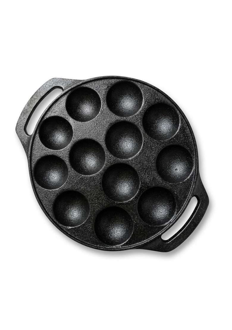 Drumstone 12 Cavity Cast Iron Paniyaram Pan Ebelskiver-Style Pan Pre Seasoned Appam Maker Induction Gas - Indya