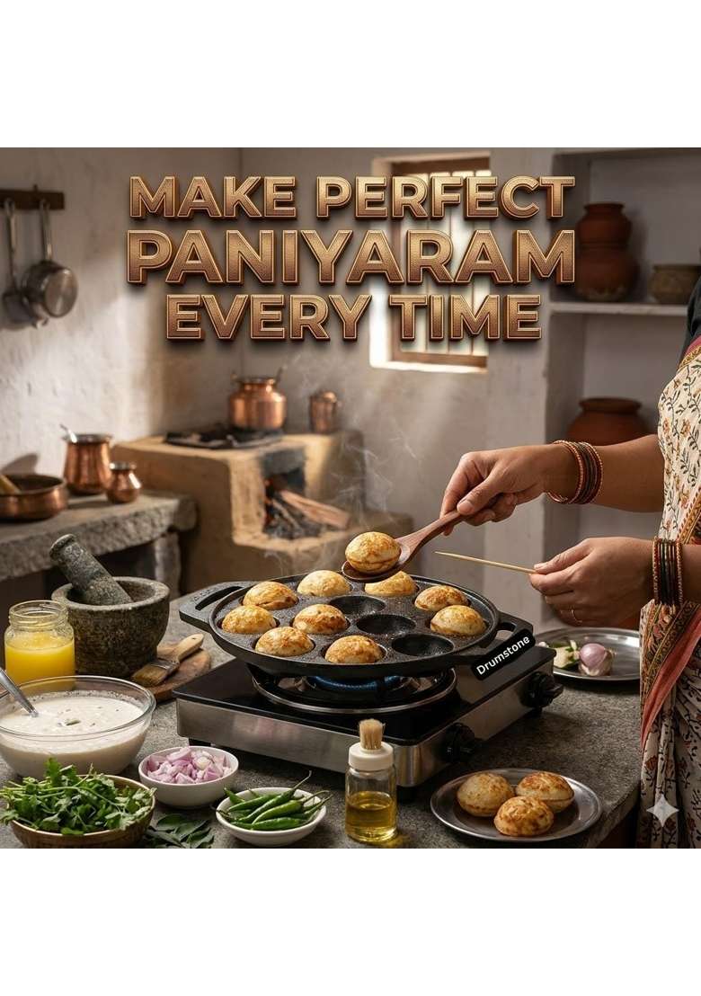 Drumstone 12 Cavity Cast Iron Paniyaram Pan Ebelskiver-Style Pan Pre Seasoned Appam Maker Induction Gas - Indya