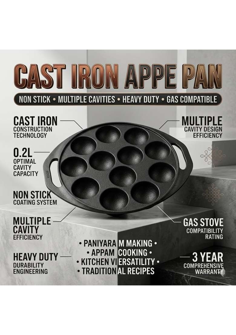 Drumstone Cast Iron Appe Pan Ebelskiver-Style Pan | 0.2 L | 0.2 Qt | Non-Stick - Indya