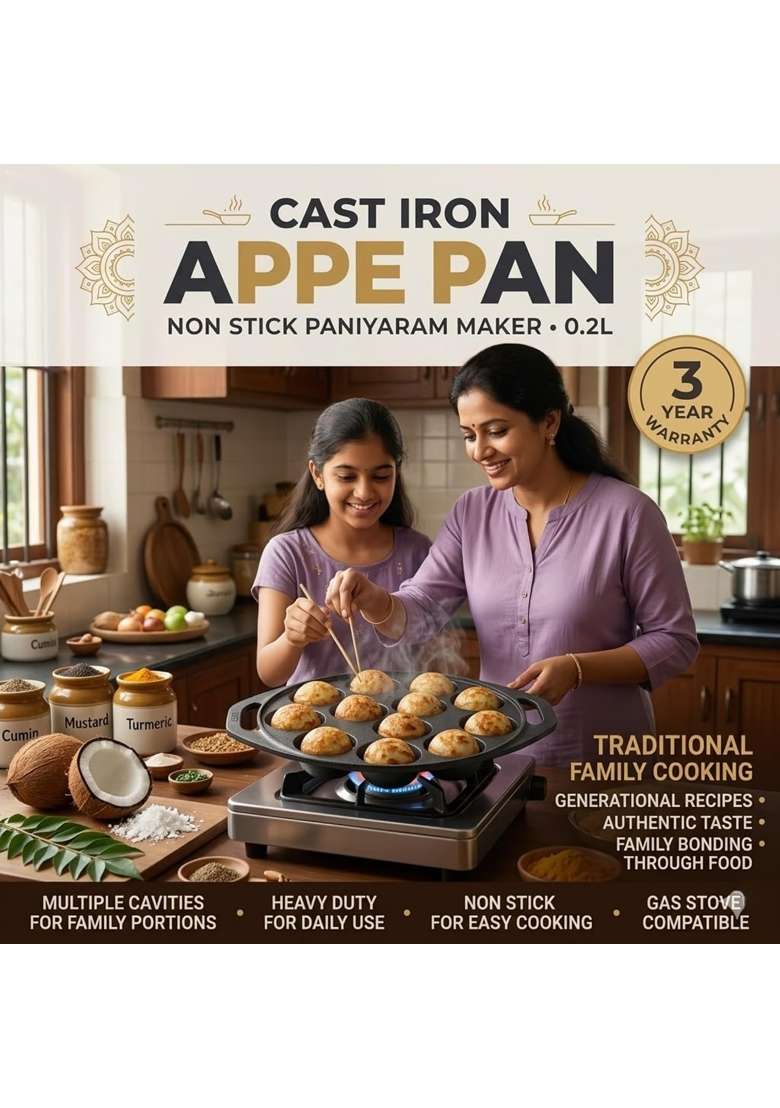 Drumstone Cast Iron Appe Pan Ebelskiver-Style Pan | 0.2 L | 0.2 Qt | Non-Stick - Indya