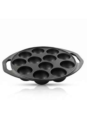 Drumstone 12-Cavity Cast Iron Paniyaram Pan Ebelskiver-Style Pan | 8 Inch | Induction Compatible | Non-Toxic | Pre-Seasoned | Non-Stick