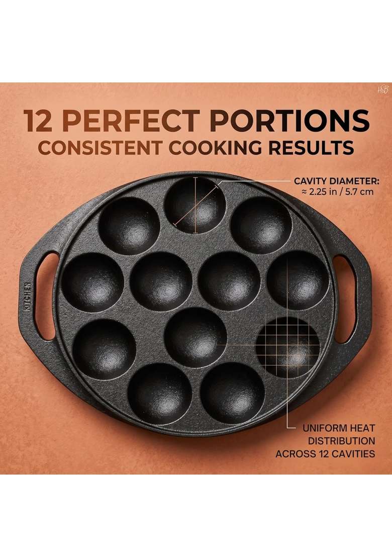 Drumstone 12-Cavity Cast Iron Paniyaram Pan Ebelskiver-Style Pan | 8 Inch | Induction Compatible | Non-Toxic | Pre-Seasoned | Non-Stick - Indya