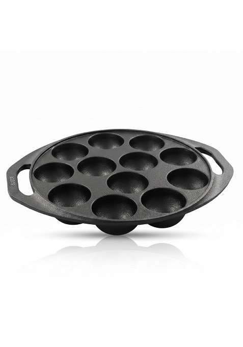 Drumstone 12-Cavity Cast Iron Paniyaram Pan Ebelskiver-Style Pan | 8 Inch | Induction Compatible | Non-Toxic | Pre-Seasoned | Non-Stick