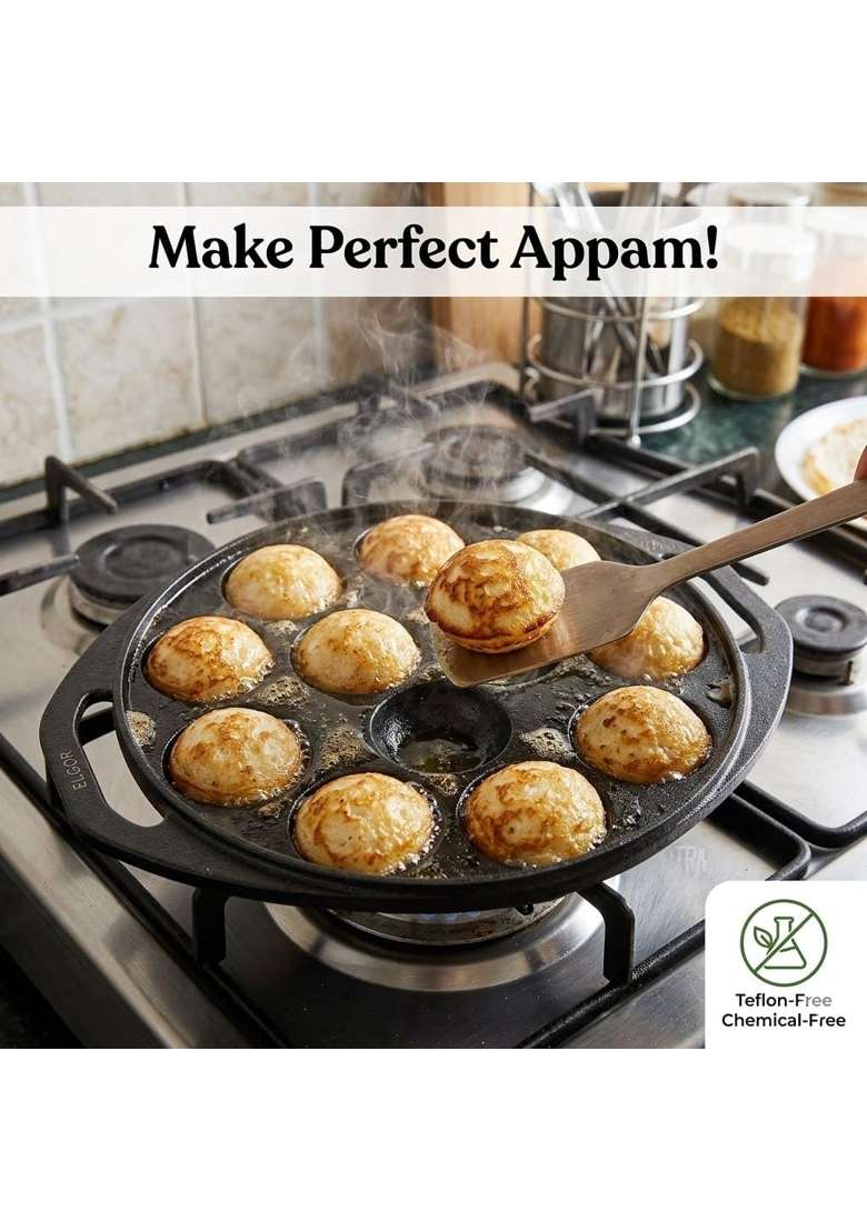 Drumstone 5 Cast Iron Paniyaram Pan Ebelskiver-Style Pan 12 Pits Pre-Seasoned | 22 cm | 8.7 Inch | Non-Stick - Indya