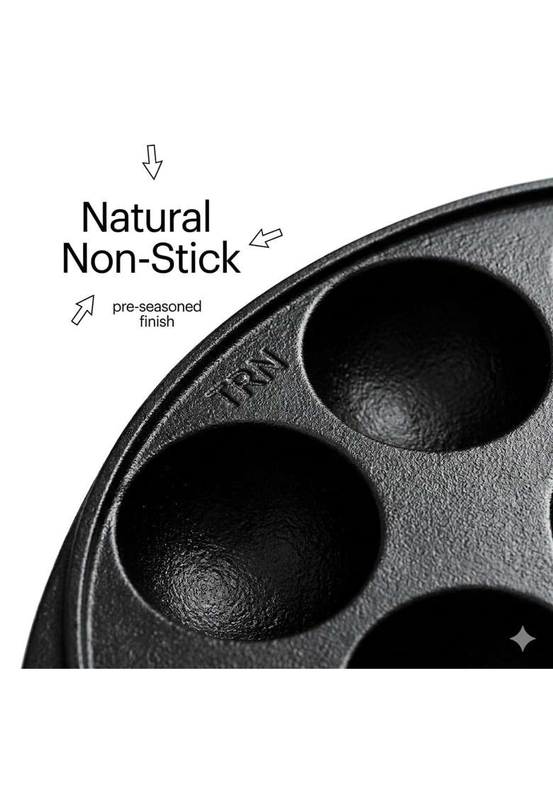 Drumstone 5 Pre-Seasoned Cast Iron Appam Pan Ebelskiver-Style Pan 12 Cavities | 22 cm | 8.7 Inch | Non-Stick - Indya